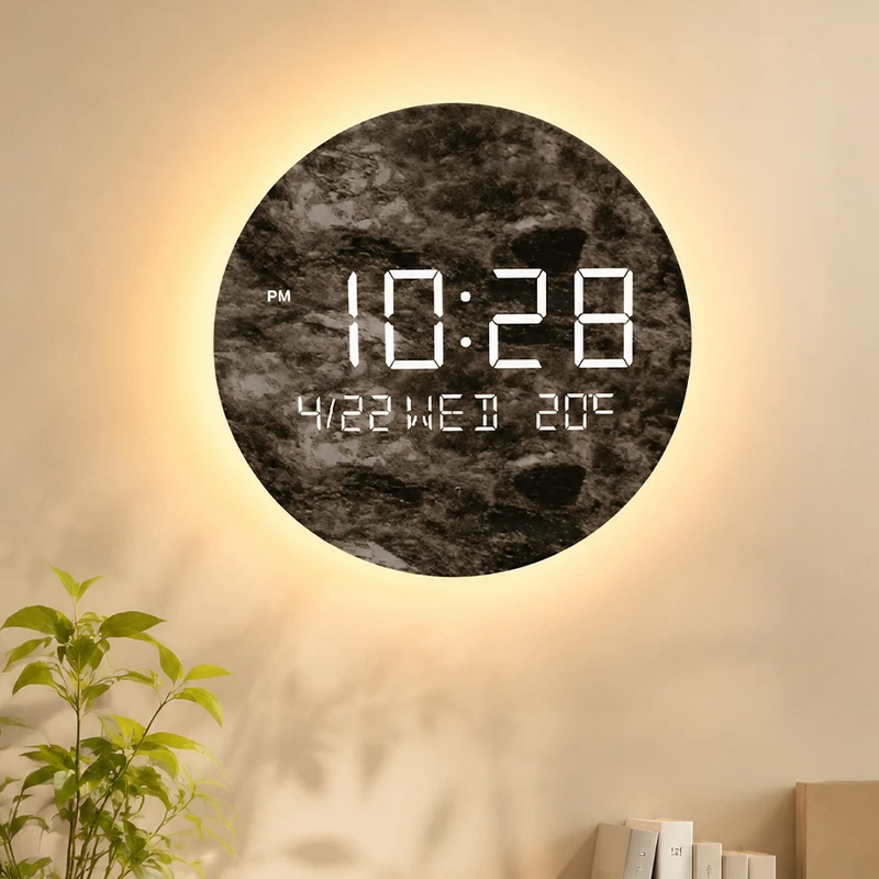 Home Decor Modern Watch Electronic Round Day Date Light Moon Display Digit Wood Alarm Smart Wall Clock Mount With Ambient Night