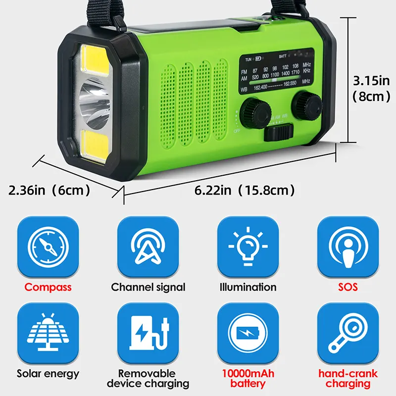 10000mAh Hand Crank Solar Survival Radio Digital Solar Dynamo NOAA Waterproof LED Flashlight FM Radio