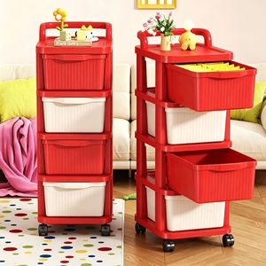 Chariot de rangement multi-niveaux à roulettes Shangzhimi Home Furnishings, type tiroir, étagère de cuisine mobile, rouge et blanc, en plastique, 3 étages - Product Image 4