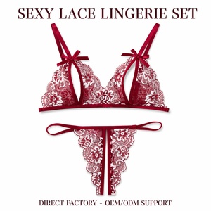 Completo Set Lingerie Sexy Rosso in Pizzo Traspirante Sottile, <span class=keywords><strong>Reggiseno</strong></span> a Coppa Aperta Scavato <span class=keywords><strong>con</strong></span> Fiocco, Intimo Erotico <span class=keywords><strong>Trasparente</strong></span> da Donna - Hot Sale - Product Image 1