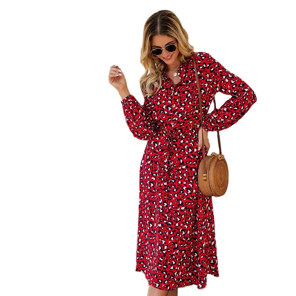 Summer A-line Long Sleeve Red Flare Sleeve None Decoration Chiffon Dress Women