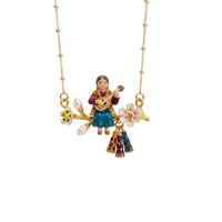 Collier Pendentif Vintage Doré Thème Conte de Fées, Breloque Chat Léopard, Fille Musicienne, Fleur Émaillée, Perle et Pompon, Bijou
