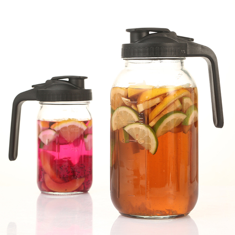 Hot Sell 2 Quart 64 oz Glass Drinking Airtight Storage Pitcher Wide Mouth Mason Jar Pour Spout Lid With Handle