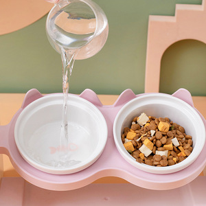 Ceramic Double Bowl <b>Cat</b> <b>Feeder</b> Adjustable Height Non Slip Elevated Food Grade Material For <b>Cats</b> - Product Image 1