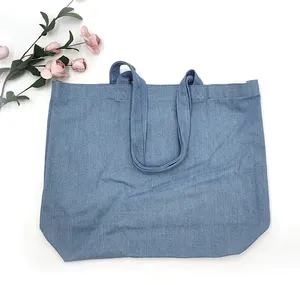 Yüksek kalite toptan şık boş ağır Denim Tote çanta yumuşak taşınabilir pamuklu kumaş omuzdan askili çanta