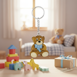 Portachiavi in legno a forma di orsetto in miniatura con fiocco blu per bambini e regali - Product Image 3