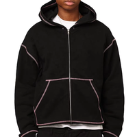 Sweat à capuche zippé noir pour homme, personnalisé OEM, épais, avec surpiqûres contrastées, style streetwear, coupe oversize et épaules tombantes
