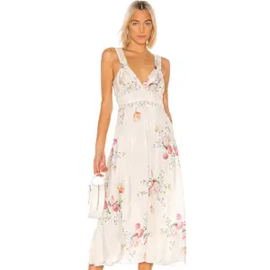 Sexy Lady Summer Deep V Neck Strap Dress Midi Length Floral Satin Dress With Lace Trim
