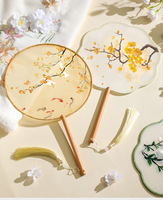 Éventail rond chinois fait main avec pompon pour Hanfu Cheongsam, éventail floral semi-transparent pour enfants et filles, idéal pour la danse et les fêtes