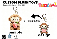 Porte-clés en peluche singe marron assis avec pêche, jouet animal en peluche, poupée singe avec breloque fruit rose