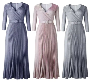 Gaun Malam Wanita Elegan M181209 Terlaris, Lengan Panjang, Aksen Emas, Model A-Line, Mengkilap, Berlipit, Dilengkapi Sabuk - Product Image 4