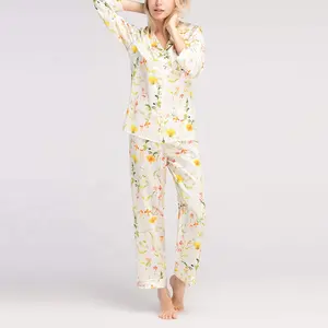Newly Design Excluded Floral Print Custom Brand Name Premium Quality Bamboo Viscose Print Pajamas Blouse and Pants for Women
