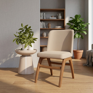 Silla de Salón Moderna de Mediados de Siglo con Tapicería Beige, Patas de Madera y Respaldo Sólido - Product Image 4