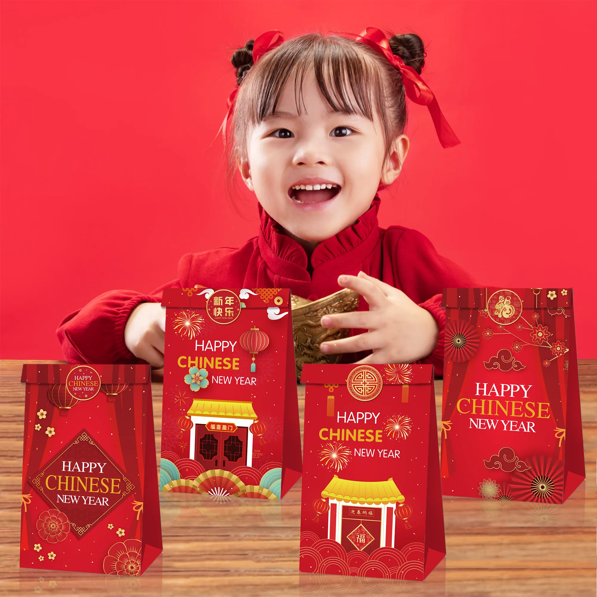 Xindeli LB204 tas kertas, tas pesta Tahun Baru Tiongkok dengan stiker untuk perlengkapan pesta Festival Musim Semi
