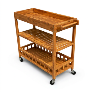 Teak Wood Outdoor Serving Cart with Three <b>Shelves</b> and Wheels Rustic Design Durable Construction - Product Image 1