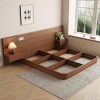 Hotelbett im Einfachen Luxusstil, Schlichtes Doppelbett aus Massivholz mit Beflockung und Stauraum für Apartments