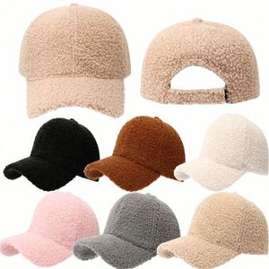 Casquette de baseball 6 panneaux en fausse fourrure d'agneau couleur unie, épaisse et fourrée, pour automne-hiver - Product Image 1