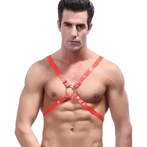 定制红色皮革全身束缚胸部 X 腰带可调节男士彩色吊带