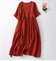 Robe décontractée d'été mi-longue pour femmes, taille plus, style rétro artistique, broderie en coton et lin, manches courtes