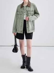 Veste verte en pur coton pour femmes OEM ODM, denim oversize décontracté vintage avec col en cuir marron <span class=keywords><strong>ciré</strong></span> style Y2K Backstreet - Product Image 3