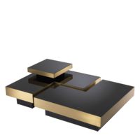 Ensemble de 4 meubles de salon, cadre métallique en laiton brossé, haut en verre noir, table basse, carré, lot de 4 pièces