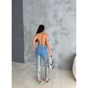 Jean en denim pour femme, taille haute, coupe crayon, effet froissé aux genoux, détails en feuille d'aluminium, taille basse, coupe skinny, taille 2XL, respirant, couleur argent - Product Image 1
