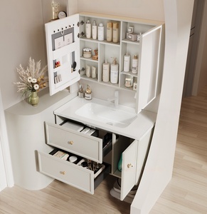 Meuble de salle de bain intelligent en aluminium nid d'abeille avec vasque intégrée en céramique style crème française et acier inoxydable - Product Image 6
