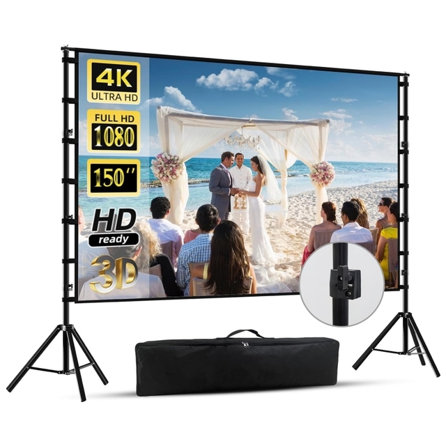 Projector Movie Screen with Stand, 4K HD16:9 Projector Screen with Stand 150 Inch for Home Theater Backyard Cinema
