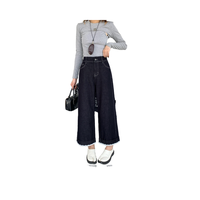 Celana Jeans Wanita Ukuran Besar Model Kaki Lebar dengan Ruffle di Bagian Bawah, Celana Granny, Bahan Denim Elastis untuk Semua Musim, Kain Stretch, Kasual, Kancing, Polos