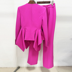 Completo da Donna Elegante con Volant, Alta Qualità, Moda da Ufficio, Tinta Unita, <span class=keywords><strong>Blazer</strong></span> con Scollo a V e Maniche Lunghe, Pantaloni a Zampa, Set 2 Pezzi - Product Image 2