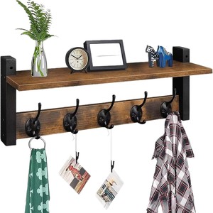 Wooden Wall-Mounted <b>Shelf</b> With <b>Hooks</b> For Entryway Storage And Coat Rack Solid Wood Design Easy Install Retro Color - Product Image 5