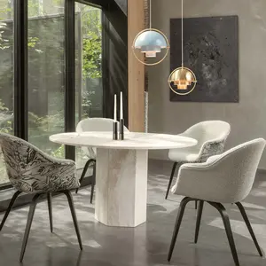 Modern luxo pedra natural rodada sala de jantar conjunto hexagonal moderno branco rodada travertino mesa