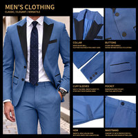 Costume 2 pièces bleu poudré pour homme, revers en satin noir, simple boutonnage, coupe ajustée, veste et pantalon pour mariage/cérémonie