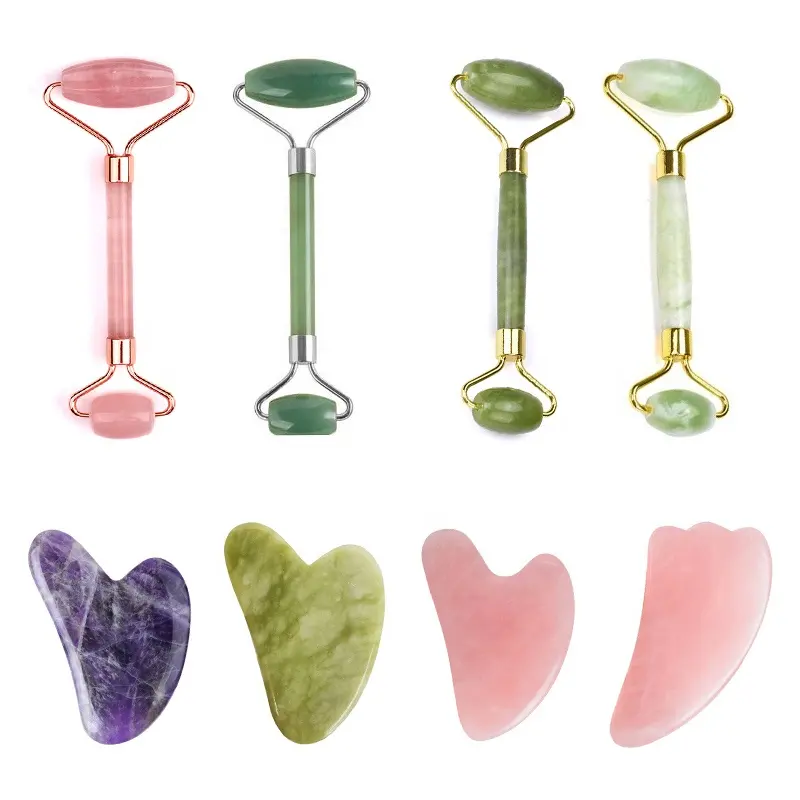 Custom Logo Natural Quartz Green Gemstone Roller Face Lifting Pink Gua Sha Crystal Jade Roller