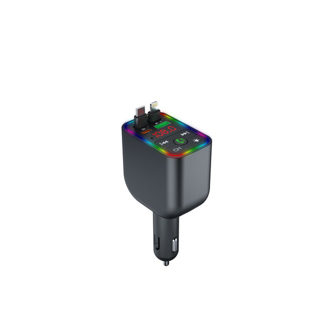 Colorful 12-24V Car Charger with PD Fast Charge Retractable Cable FM Transmitter for Wireless MP3 Player 1-Year Warranty