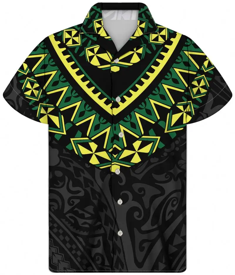 Tribal Print Shirt Yellow Polynesian Tradition Floral Men's Custom Hawaiian Cuba Collar Short Sleeve