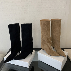 2024 New European American <b>Boots</b> Breathable Comfortable Simple Temperament Low Heel Pointed High All-match Solid Color - Product Image 1