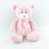Ours en peluche bleu assis, doux et rembourré, avec nœud à carreaux et ventre rayé, pour enfants