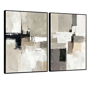 Set di 2 Quadri Moderni Astratti Neutri, Dipinti su Tela Testurizzata con Cornice in Polistirolo, Beige Grigio Nero, per Soggiorno e Camera da Letto - Product Image 1