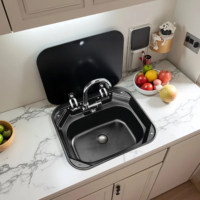 Évier de cuisine en acier inoxydable à cuve unique carrée à un trou pour camping-car, caravane, fourgon aménagé avec verre trempé GR-586