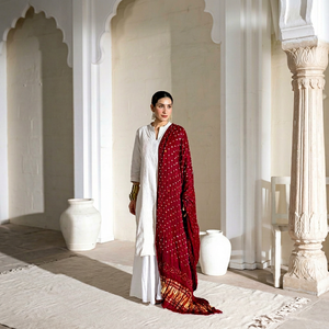 Women <b>Red</b> Embroidered Dot Pattern Chiffon Shawl With White Cotton Kurta Set For Daily Wear India Pakistan Ethnic Style - Product Image 1