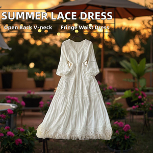 Vestido Maxi Boho Blanco con Cuello en V, Adorno de Encaje, Manga Abullonada, Corte en A, Holgado, de Algodón, Casual, para Primavera - Product Image 2