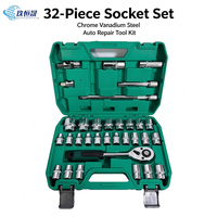 Jeu de clés à douilles CR-V 32 pièces 1/4" 3/8" 1/2" avec poignée à cliquet réversible, kit d'outils manuels pour mécanicien automobile avec boîte de rangement
