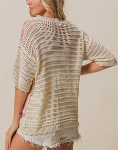 Cardigan en maille à manches courtes pour <span class=keywords><strong>femme</strong></span>, imprimé floral, col en V, ajouré, style décontracté, vente en gros - Product Image 4