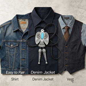Cravate Bolo Western Vintage pour Homme avec Pendentif Aigle, Pierre Turquoise et Cordon en Cuir Tressé – Accessoire Décontracté pour Chemise Style Sud-ouest - Product Image 5
