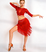 Ensemble haut et jupe de danse latine à franges, strass et maille, pour samba, rumba, danse du ventre, costumes de scène pour femmes