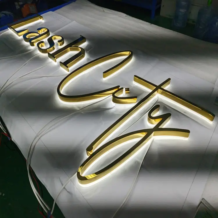 Enseigne avec nom personnalisé enseignes métalliques rétro-éclairées à led finition miroir en acier inoxydable doré 3d logo enseigne lettres murales pour logo d'entreprise