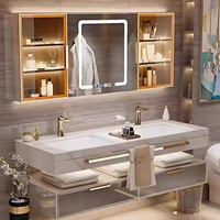 Meuble-lavabo mural double vasque de luxe moderne haut de gamme avec vasque intégrée en dalle de roche et armoire miroir LED