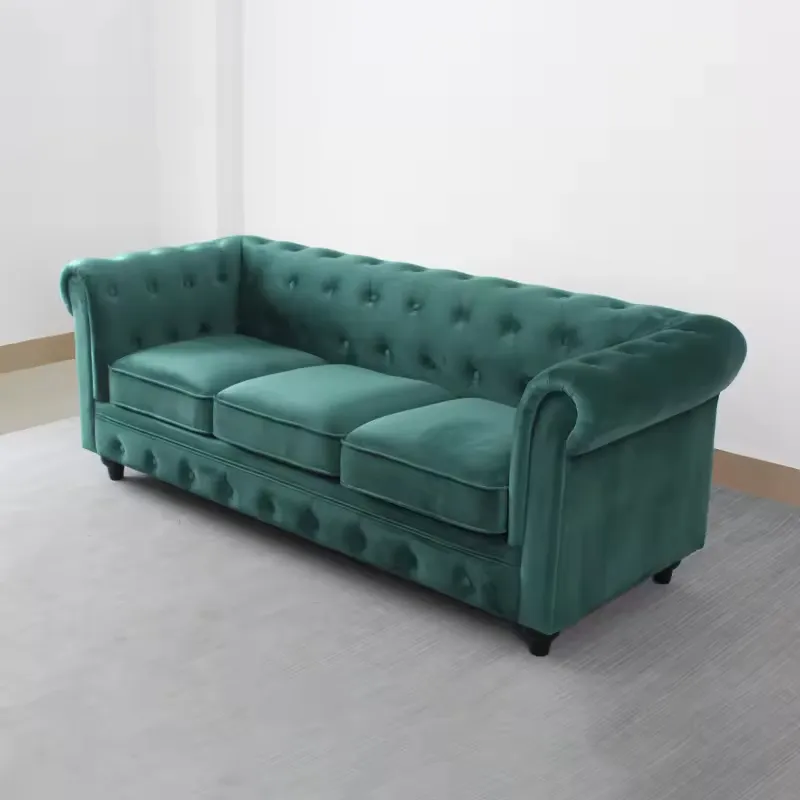 Classic Design Chesterfield Green Velvet Tufted Sofa Roll Arm 3 Seater Velvet Chesterfield Sofa Set Living Room Furniture