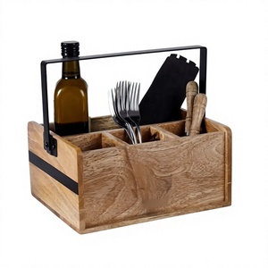Porte-couverts en bois avec 3 compartiments et poignée en métal, style rustique, pour le rangement des couverts de cuisine - Product Image 1